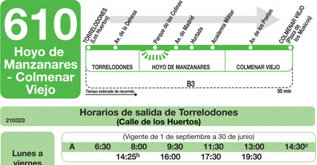 Tabla de horarios y frecuencias de paso en sentido ida Línea 610: Torrelodones - Hoyo de Manzanares - Colmenar