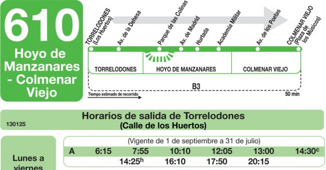 Tabla de horarios y frecuencias de paso en sentido ida Línea 610: Torrelodones - Hoyo de Manzanares - Colmenar