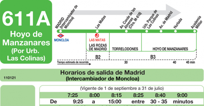 Tabla de horarios y frecuencias de paso en sentido ida Línea 611-A: Madrid (Moncloa) - Hoyo de Manzanares (Urbanización Las Colinas)