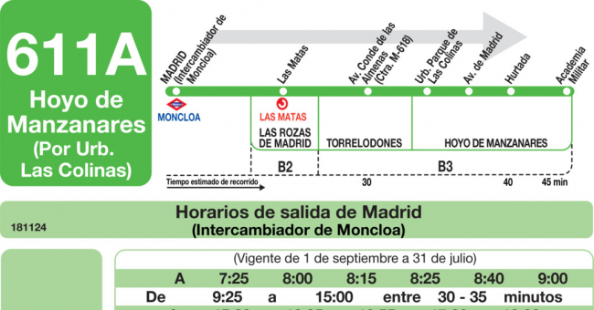 Tabla de horarios y frecuencias de paso en sentido ida Línea 611-A: Madrid (Moncloa) - Hoyo de Manzanares (Urbanización Las Colinas)