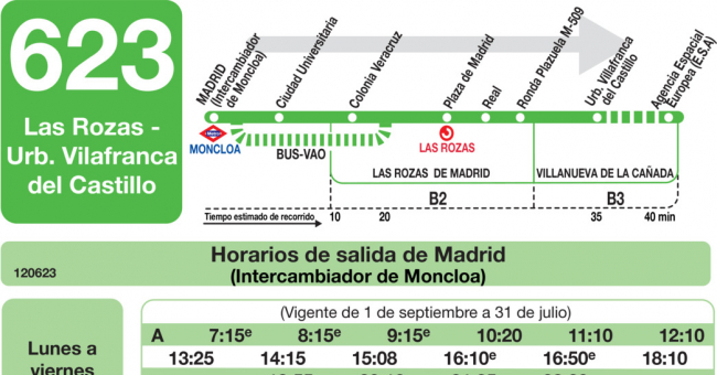 Tabla de horarios y frecuencias de paso en sentido ida Línea 623: Madrid (Moncloa) - Las Rozas - Urbanización Villafranca