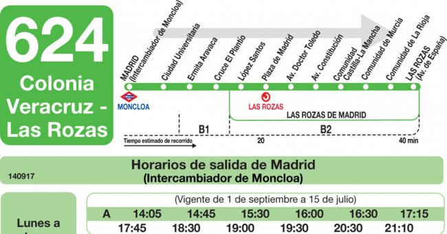 Tabla de horarios y frecuencias de paso en sentido ida Línea 624: Madrid (Moncloa) - Colegio Veracruz - Las Rozas