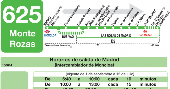 Tabla de horarios y frecuencias de paso en sentido ida Línea 625: Madrid (Moncloa) - Monte Rozas