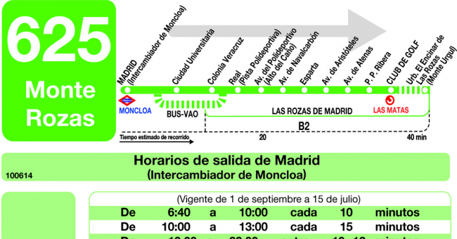 Tabla de horarios y frecuencias de paso en sentido ida Línea 625: Madrid (Moncloa) - Monte Rozas