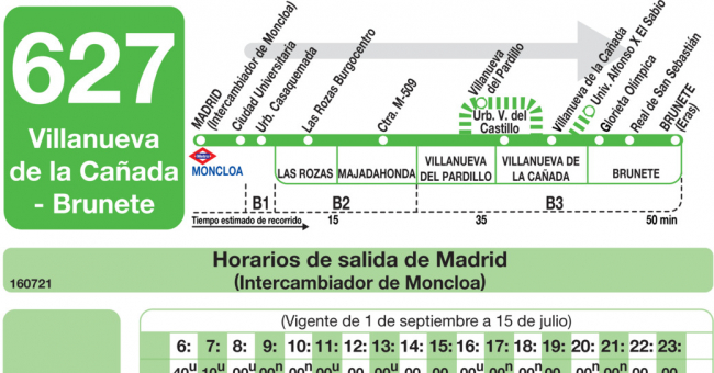 Tabla de horarios y frecuencias de paso en sentido ida Línea 627: Madrid (Moncloa) - Villanueva de la Cañada - Brunete