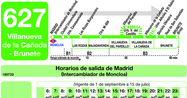 Tabla de horarios y frecuencias de paso en sentido ida Línea 627: Madrid (Moncloa) - Villanueva de la Cañada - Brunete