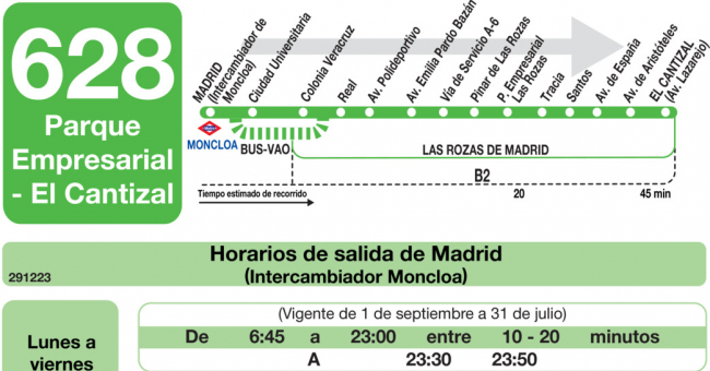 Tabla de horarios y frecuencias de paso en sentido ida Línea 628: Madrid (Moncloa) - Parque Empresarial - El Cantizal
