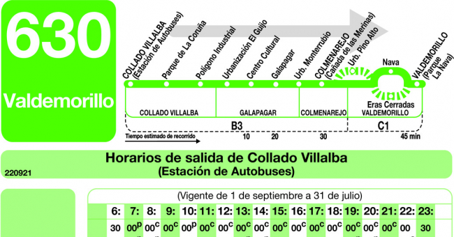 Tabla de horarios y frecuencias de paso en sentido ida Línea 630: Villalba (Estación) - Galapagar - Colmenarejo - Valdemorillo