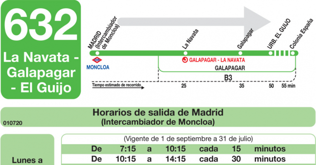 Tabla de horarios y frecuencias de paso en sentido ida Línea 632: Madrid (Moncloa) - La Navata - Galapagar - El Guijo
