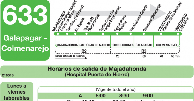 Tabla de horarios y frecuencias de paso en sentido ida Línea 633: Majadahonda (Hospital) - Colmenarejo