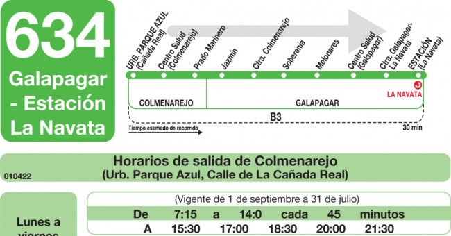 Tabla de horarios y frecuencias de paso en sentido ida Línea 634: Colmenarejo - Galapagar - La Navata