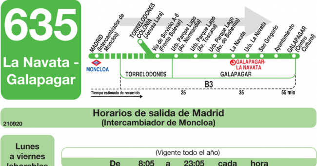 Tabla de horarios y frecuencias de paso en sentido ida Línea 635: Madrid (Moncloa) - Torrelodones (Colonia) - La Navata - Galapagar