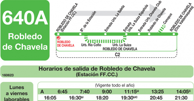 Tabla de horarios y frecuencias de paso en sentido ida Línea 640-A: Robledo de Chavela (RENFE) - Valdemaqueda