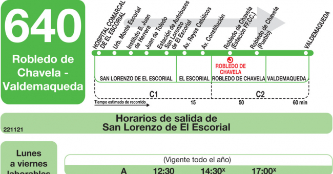 Tabla de horarios y frecuencias de paso en sentido ida Línea 640: San Lorenzo de El Escorial - Robledo de Chavela - Valdemaqueda