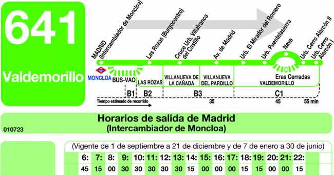 Tabla de horarios y frecuencias de paso en sentido ida Línea 641: Madrid (Moncloa) - Valdemorillo