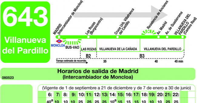 Tabla de horarios y frecuencias de paso en sentido ida Línea 643: Madrid (Moncloa) - Villanueva del Pardillo