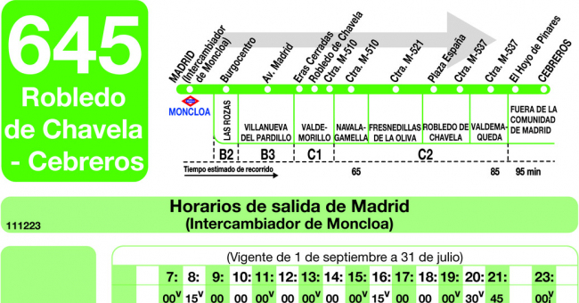Tabla de horarios y frecuencias de paso en sentido ida Línea 645: Madrid (Moncloa) - Robledo de Chavela - Cebreros