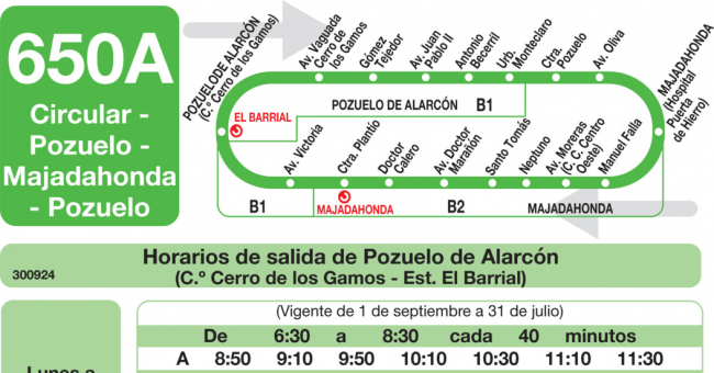 Tabla de horarios y frecuencias de paso en sentido ida Línea 650-A: Circular A: Pozuelo - Majadahonda - Pozuelo