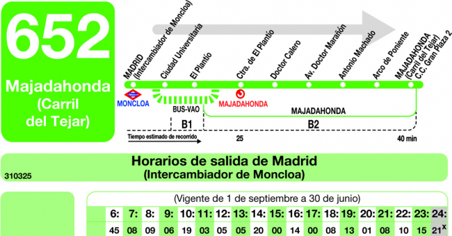 Tabla de horarios y frecuencias de paso en sentido ida Línea 652: Madrid (Moncloa) - Majadahonda (Granja del Conde)