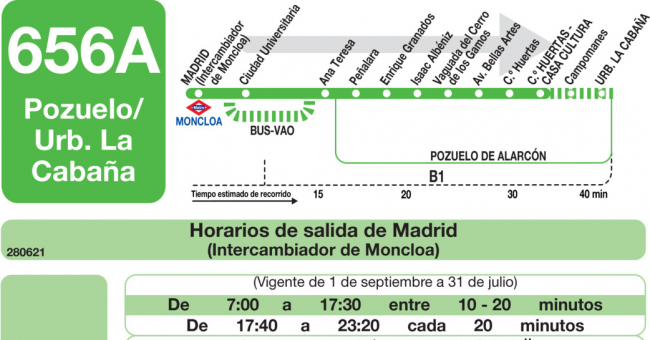 Tabla de horarios y frecuencias de paso en sentido ida Línea 656-A: Madrid (Moncloa) - Pozuelo (Calle Huertas)