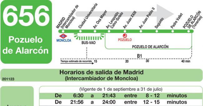 Tabla de horarios y frecuencias de paso en sentido ida Línea 656: Madrid (Moncloa) - Pozuelo de Alarcón