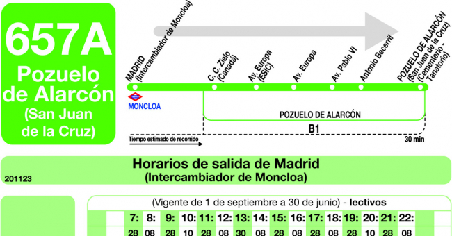 Tabla de horarios y frecuencias de paso en sentido ida Línea 657-A: Madrid (Moncloa) - Pozuelo (San Juan de la Cruz)