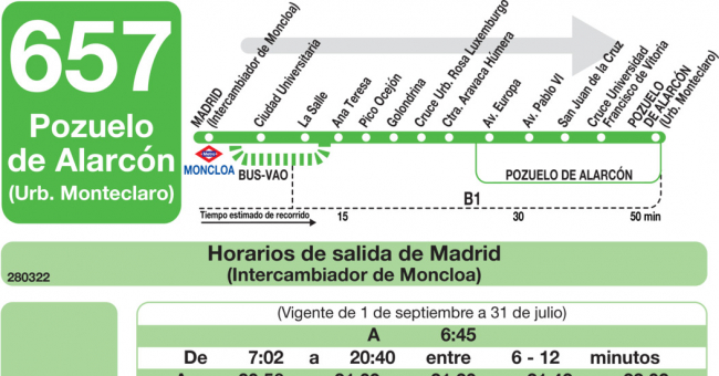 Tabla de horarios y frecuencias de paso en sentido ida Línea 657: Madrid (Moncloa) - Pozuelo (Monteclaro)