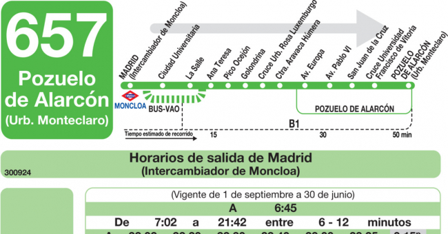 Tabla de horarios y frecuencias de paso en sentido ida Línea 657: Madrid (Moncloa) - Pozuelo (Monteclaro)