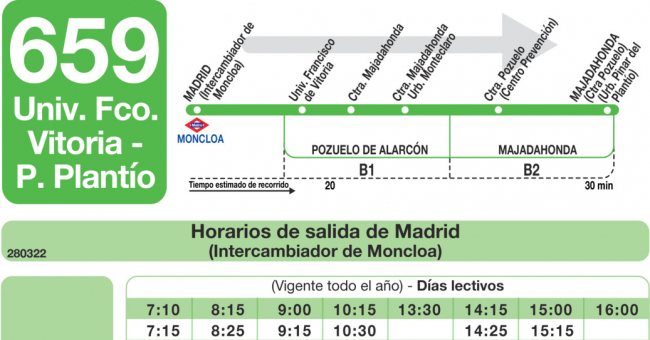 Tabla de horarios y frecuencias de paso en sentido ida Línea 659: Madrid (Moncloa) - Universidad Francisco de Vitoria - El Pinar del Plantío