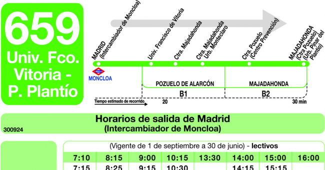 Tabla de horarios y frecuencias de paso en sentido ida Línea 659: Madrid (Moncloa) - Universidad Francisco de Vitoria - El Pinar del Plantío