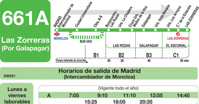 Tabla de horarios y frecuencias de paso en sentido ida Línea 661-A: Madrid (Moncloa) - Las Zorreras (Galapagar)