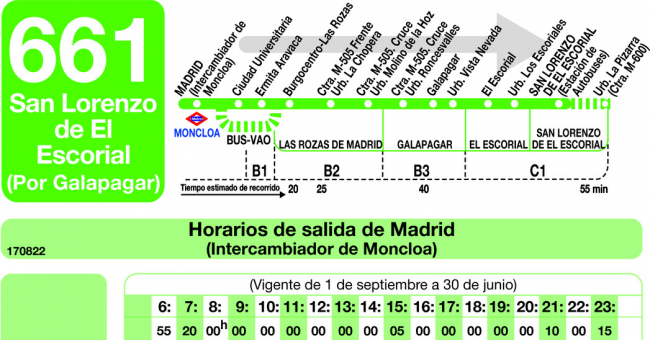 Tabla de horarios y frecuencias de paso en sentido ida Línea 661: Madrid (Moncloa) - San Lorenzo de El Escorial (Galapagar)
