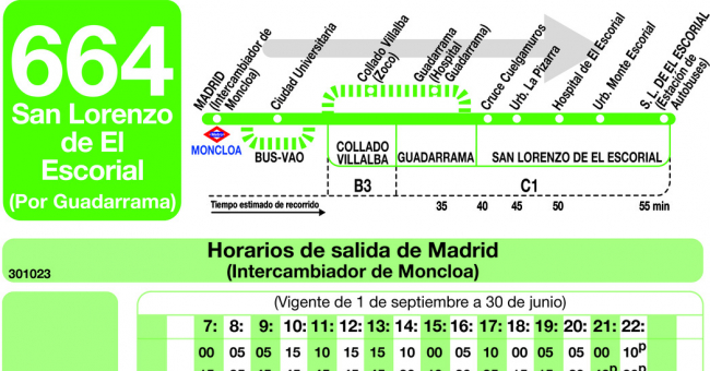 Tabla de horarios y frecuencias de paso en sentido ida Línea 664: Madrid (Moncloa) - San Lorenzo de El Escorial (Guadarrama)