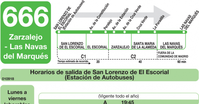 Tabla de horarios y frecuencias de paso en sentido ida Línea 666: San Lorenzo de El Escorial - Zarzalejo - Las Navas del Marqués