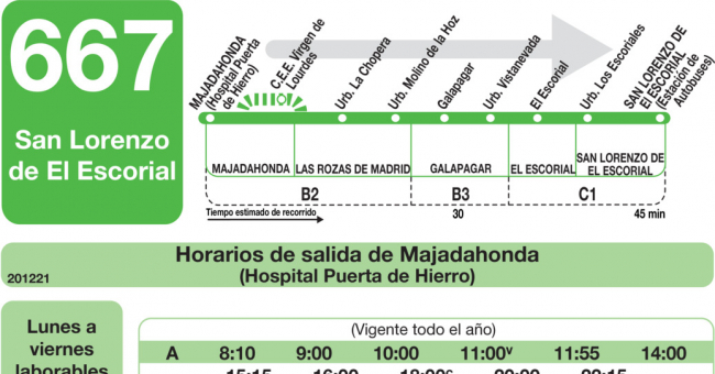 Tabla de horarios y frecuencias de paso en sentido ida Línea 667: Majadahonda (Hospital) - San Lorenzo de El Escorial (Galapagar)