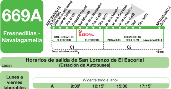 Tabla de horarios y frecuencias de paso en sentido ida Línea 669-A: San Lorenzo de El Escorial - Fresnedil - Navalagamella