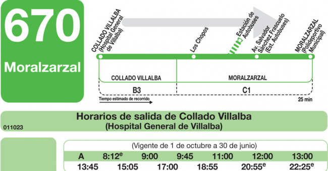 Tabla de horarios y frecuencias de paso en sentido ida Línea 670: Collado Villalba (Hospital) - Moralzarzal