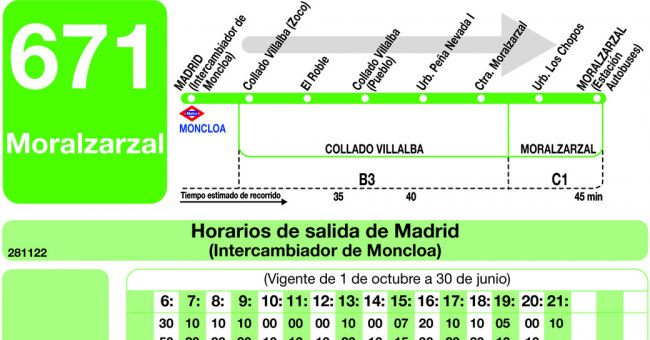 Tabla de horarios y frecuencias de paso en sentido ida Línea 671: Madrid (Moncloa) - Moralzarzal