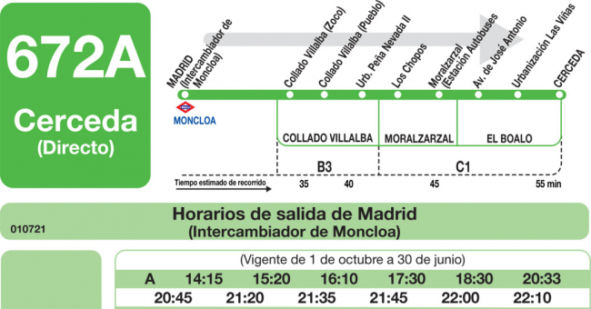Tabla de horarios y frecuencias de paso en sentido ida Línea 672-A: Madrid (Moncloa) - Cerceda