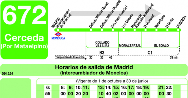 Tabla de horarios y frecuencias de paso en sentido ida Línea 672: Madrid (Moncloa) - Cerceda (Mataelpino)