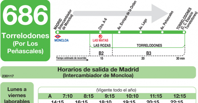 Tabla de horarios y frecuencias de paso en sentido ida Línea 686: Madrid (Moncloa) - Torrelodones (Los Peñascales)
