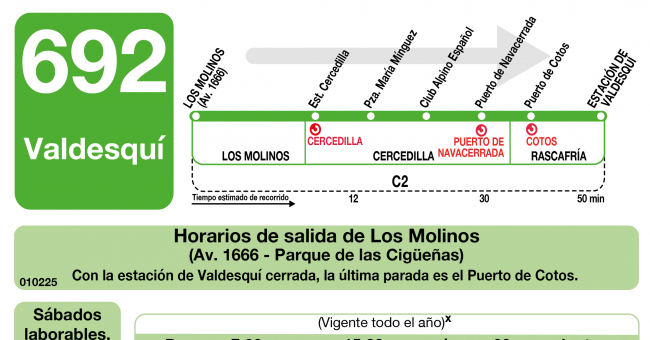 Tabla de horarios y frecuencias de paso en sentido ida Línea 692: Los Molinos - Cercedilla - Valdesquí
