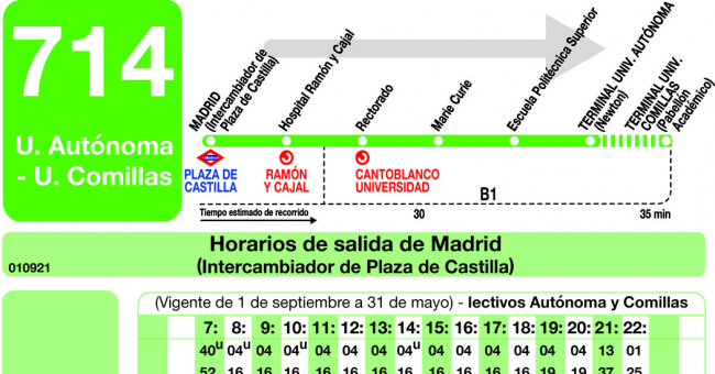 Tabla de horarios y frecuencias de paso en sentido ida Línea 714: Madrid (Plaza Castilla) - Universidad Autónoma - Universidad de Comillas