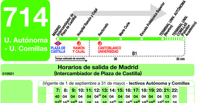 Tabla de horarios y frecuencias de paso en sentido ida Línea 714: Madrid (Plaza Castilla) - Universidad Autónoma - Universidad de Comillas