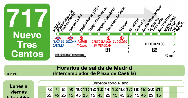 Tabla de horarios y frecuencias de paso en sentido ida Línea 717: Madrid (Plaza Castilla) - Nuevo Tres Cantos