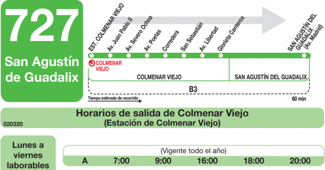 Tabla de horarios y frecuencias de paso en sentido ida Línea 727: Colmenar Viejo - San Agustín del Guadalix