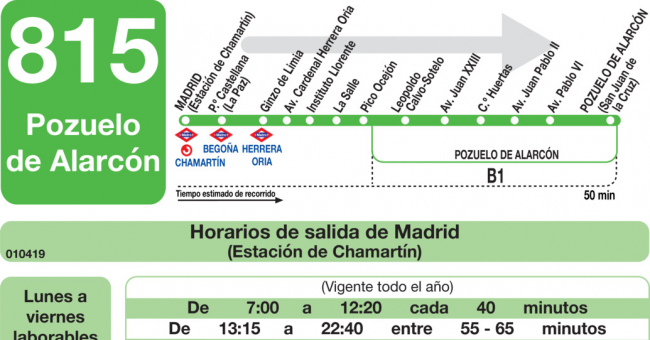 Tabla de horarios y frecuencias de paso en sentido ida Línea 815: Madrid (Chamartín) - Pozuelo de Alarcón
