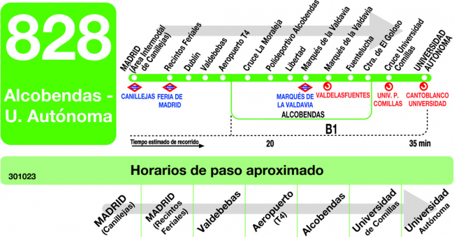 Tabla de horarios y frecuencias de paso en sentido ida Línea 828: Madrid (Canillejas) - Alcobendas - Universidad Autónoma