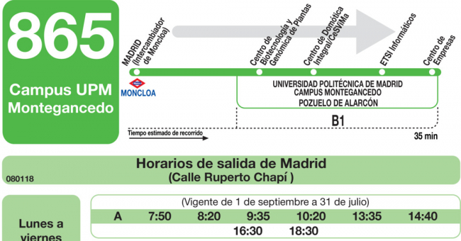 Tabla de horarios y frecuencias de paso en sentido ida Línea 865: Madrid (Ciudad Universitaria) - Campus Universidad Montegancedo