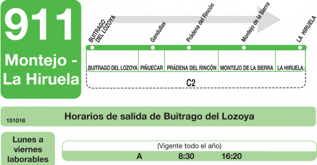 Tabla de horarios y frecuencias de paso en sentido ida Línea 911: Buitrago - Montejo - La Hiruela